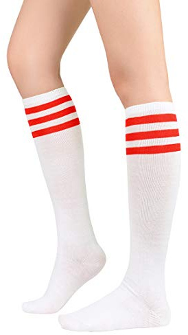 Zando Damen Kniestrümpfe 35-38 39-42, Retro Sport Tube Socks Überknie Strümpfe Cheerleader Cosplay, Weiße rote Streifen