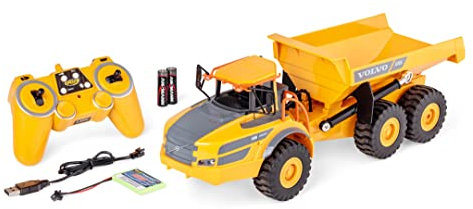 Carson 500907669 1:20 Muldenkipper Volvo A40G 100% RTR - Ferngesteuertes Baufahrzeug für Kinder ab 8 Jahren, RC Bagger mit Funktionen, inkl. Batterien und Fernsteuerung, Gelb