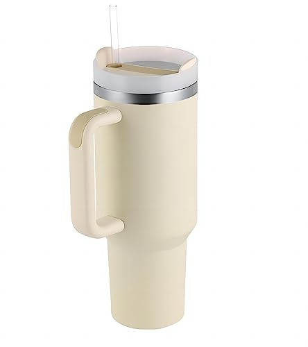 Akmazousa Becher mit Griff und Strohhalm, Edelstahlbecher mit Deckel, isolierter Becher für heiß und kalt, 1,2 l, cremefarben