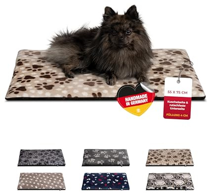HS-Hundebett® Hundedecke S (55x75 cm) – rutschfest & gemütlich Dank 3 cm Füllung – Perfekt fürs Sofa, Auto & Hundebox – Pfote Beige, Made in DE