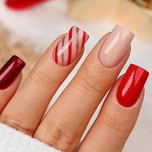 24 Stück Nägel zum Aufkleben Kurze Eckig Rote Streifen French Tip Kunstnägel Press on Nails Vollabdeckung Natürliche Acryl Fingernägel Künstliche Nägel für Frauen und Mädchen Nagelkunst Dekoration
