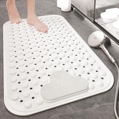 Alfombra Ducha Antideslizante 70x40cm,Alfombrilla de Ducha de TPE,Blanco | con zona cepillo pies,con ventosas,con orificios de drenaje,rectangular