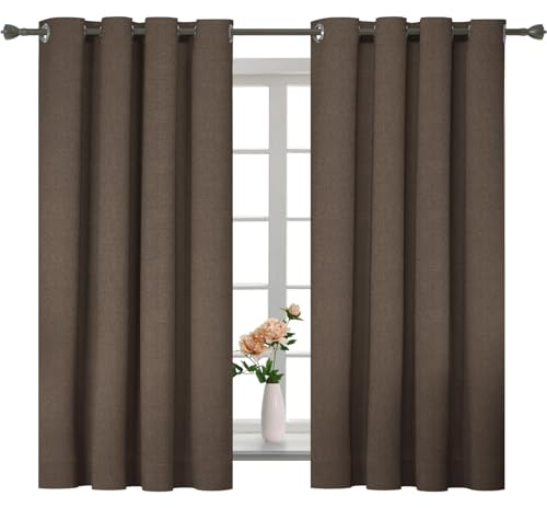 YSTELLAA Tende 100% Oscuranti Per Interni 2 Pezzi, 140×145cm, Effetto Lino, Tende Termiche, Con Anelli, Tenda Termica Isolante Freddo E Caldo, Fonoassorbenti, Moderne, Caffè