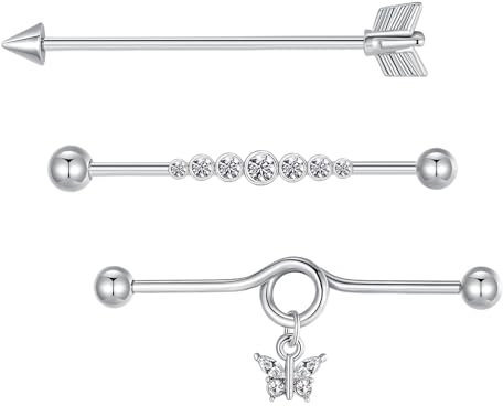 Besyvvin 3stk Industrial Piercing Bars 38mm Silber Chirurgenstahl 14G Pfeil Schmetterling Scaffold Ohr Piercing Schmuck