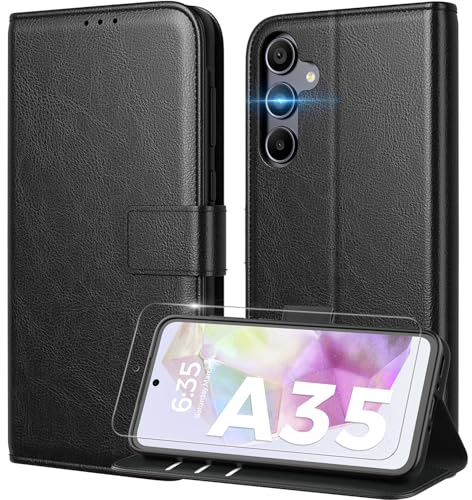 Peakally Handyhülle für Samsung Galaxy A35 5G Hülle [mit Panzer Schutz Glas], [RFID-Blockierung] Premium PU Leder Schutzhülle, Multifunktional Klapphülle kompatibel mit Galaxy A35 - Schwarz