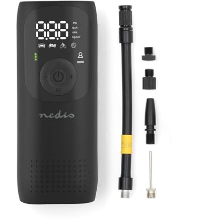 NEDIS Uppladdningsbar luftkompressor | 0,1–150 PSI | Dunlop-ventil | Driftlägen: Bil/Mot/Cykel/Boll | Ja | Lufttrycksmätare