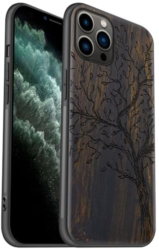 Carveit Coque en Bois pour iPhone 11 Pro Étui Protection Artistique Cover TPU Souple de téléphone Antichoc Compatible avec Apple 11 Pro Etui (Bois Sombre-L'olivier Vintage)