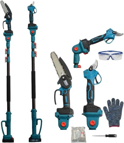 Forbici Potatura Elettriche Telescopiche con 2 Batterie Ricaricabili 26V, Lama 30mm, Incluso Motosega con Lama 6, Kit Cesoie e Motosega con Asta Telescopica Professionali per Giardinaggio, Senza Fili