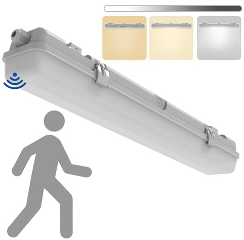 2FT LED Vapor Tight Light with Tri-Level Motion Sensor, IP65 IK08, 10W(1250lm)/20W(2500lm), 3/4/5000K CCT, 100-277V, Dimmable, Outdoor Waterproof Shop Light, Vapor Proof Lighting Fixture, FCC