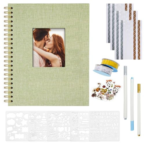 Vienrose Fotoalbum zum Selbstgestalten 28,5 x 20,5 cm, Leinen Fotoalbum mit 80 Weißen Seiten, Leeres Kraftpapier, DIY Scrapbook Spiralalbum Set für Babys, Familien, Hochzeiten, Jahrestag, Grasgrün