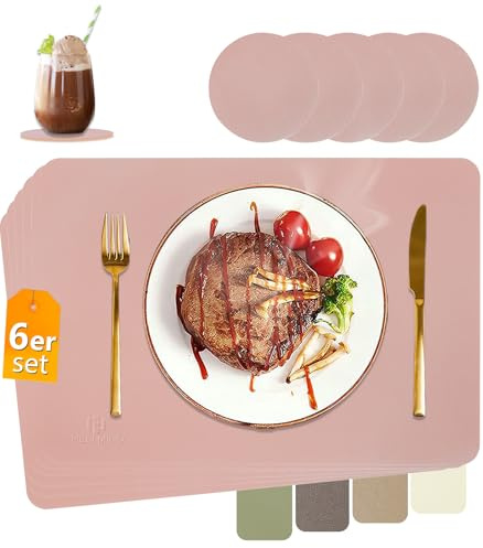 HELI MIAO Tischsets Abwaschbar,Platzsets Abwischbar, Leder,Hitzebeständig Doppelseitigen I 6er Set Platzdeckchen Lederoptik mit Untersetzer,Tischuntersetzer rutschfest,Hellrosa