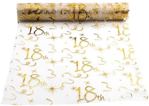 Tischläufer 18 Geburtstage 28cm×10m Tischdecke Tischdeko Gold | Happy Birthday Tischläufer Rolle Glänzend Goldfolie Tischband aus Dekostoff Netz für Party Geschenke DIY Basteln