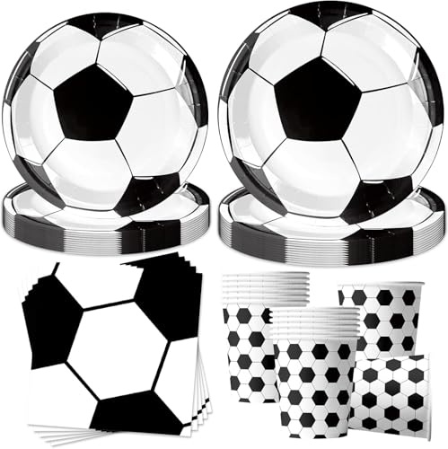 Sunshine smile Fußball Partygeschirr Set für 10 Gäste,Schwarzer und Weißer Fußball Partyteller Geburtstag Deko Geschirr,Liebhaber Pappteller Becher Papierserviette
