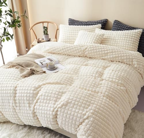 Freyamy Peluche Housse de Couette 220x240+2 Taie d'oreiller 65x65cm Beige Shaggy Furry Faux Fur Parure de lit 2 Personnes Adulte Flanelle Fuzzy Linge de lit avec Fermeture Éclair Hiver Chaude