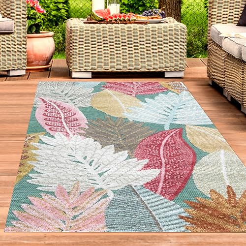CARPETIA Outdoor Teppich Blumen wetterfest – Vintage Look viraler TikTok Hit mit Teppich Sisal Struktur – farbig für Balkon und Terrasse Rot Blau 160 x 230 cm