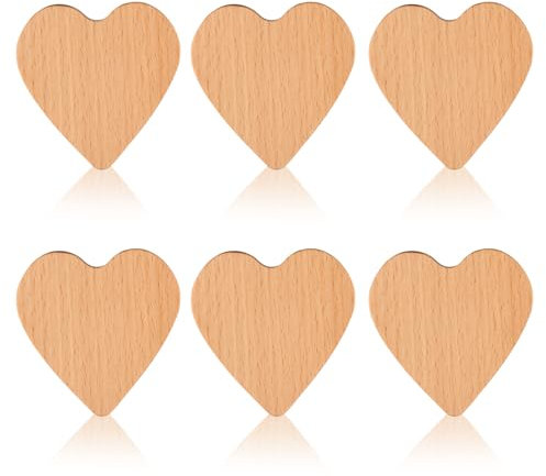 Duronge Lot de 6 boutons d'armoire en forme de cœur en bois massif de qualité supérieure avec texture naturelle pour armoires et commodes, poignées de meubles et boutons en bois