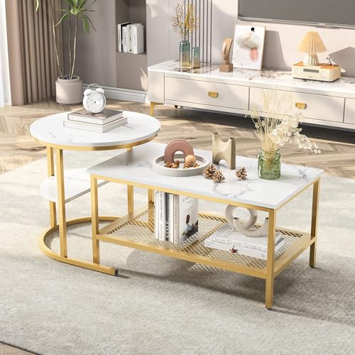 Henunem Couchtisch Rund 2er Set, Moderne Nesting Kaffeetisch Beistelltisch Wohnzimmertisch, Beistelltisch Marmor Optik mit Metallrahmen und Ablage, für Schlafzimmer Balkon (Golden-001)