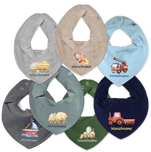 Elefantasie Personalisiertes HALSTUCH für Baby oder Kind aus Baumwolle in Einheitsgröße mit Motiv Auswahl Fahrzeug und Wunschname bedruckt khaki