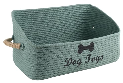 Brabtod Dog Toy Basket-100% Cotton Rope Dog Toy Bin for Living Room Area-Trapezoid Pet Toys Box with Sturdy Handle-Puppy Bed-Dog Stuff Organizer for Toys,Collar,Leash,Blanket-Chew Proof -Green