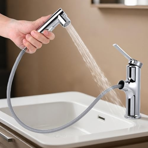 Bathroom Sink Faucet with Pull Out Sprayer, Single Handle Basin Mixer Tap for Hot and Cold Water, Lavatory Pull Down Sink Faucet with Rotating Spout (Electroplated Silver)