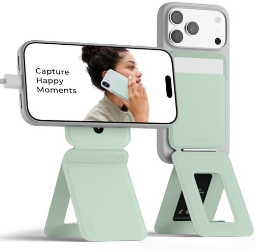 MOFT X Shantell Martin - Trípode para Smartphone, Cartera 3 en 1 y Soporte Ajustable para Teléfono Móvil Soporte Magnético para Tarjetas Mini Trípode, Compatible con NFC, Piel Vegana MOVAS, Menta