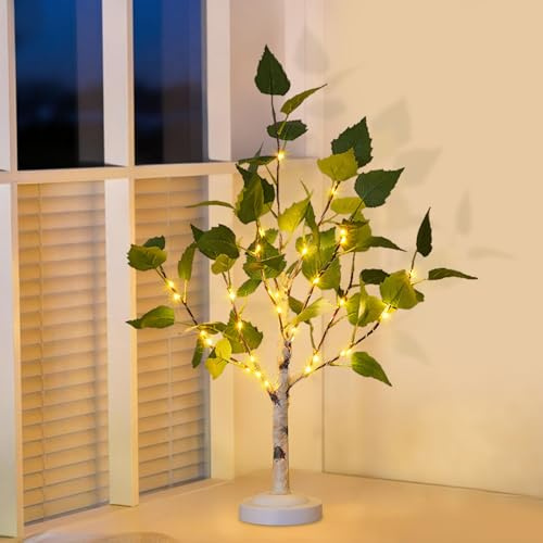 LED Baum Lichter, LED Deko Lichterbaum Innen, Birkenstämme Dekoartikel mit 24 LEDs, Verstellbare Äste, Warmweiß Lichterzweige Aesthetic Dekoration, USB/Batteriebetrieben Baum Lampe (Grünblatt)