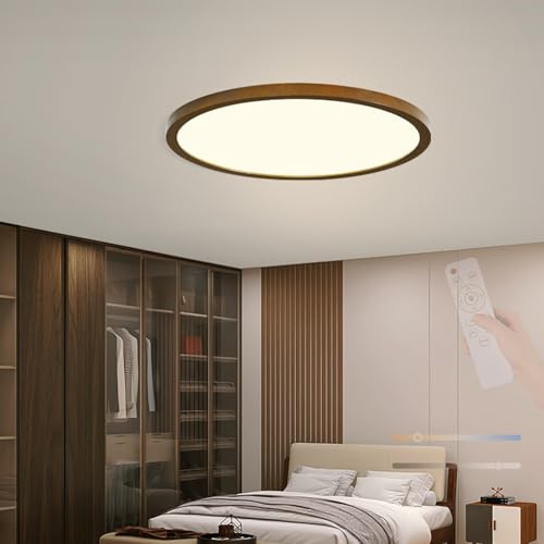 TZSMUM LED Holz Deckenleuchte Moderne 2700K-6500K Deckenlampe Dimmbar mit Fernbedienung Deckenleuchten Unterputz Rund Dekorative für Küchen Wohnzimmer Schlafzimmer (Walnussfarbe,23cm)