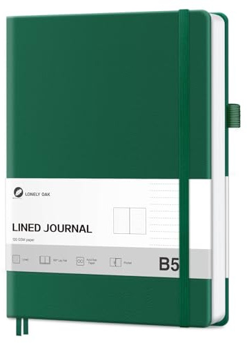 Lonely ekfodrad journal anteckningsbok, A5 inbunden linjerad anteckningsbok för kvinnor och män, 120 gsm syrafritt papper med inbunden läder och innerficka, daglig dagbok för arbete B5 (grön)
