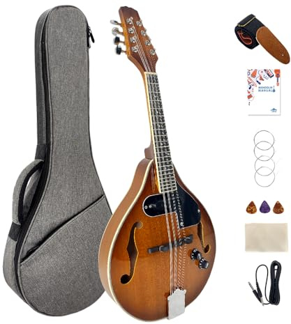 ModouString A Style Mandolin Instrument, Mahogany Acoustic Electric Mandolin 8 String Glossy Brown Finish Full Kit for Beginner with Bag,Strings