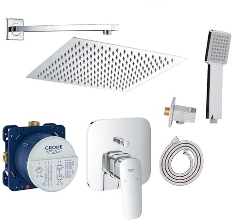 vanvilla Duschsystem Unterputz mit Duscharmatur Grohe poliert GE102 | Duscharmatur von Grohe Cubeo Einhebelmischer und vanvilla Regendusche Duschkopf eckig, Dusch-SET poliert