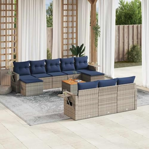 Teenpull 11-delat set för trädgårdssoffa, grå polyrattan med kudde, marinblå, modulär loungesoffa för terrass, balkong, trädgård, UV-beständig, lätt att rengöra