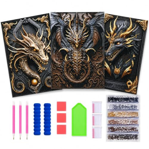 Diamond Painting Set 5D für Erwachsene – 3er Set Drache Design, Diamantbilder 30x40 cm, DIY Kunst Set, Malen nach Zahlen, Tiermotive, Dekoration, Hochwertige Diamanten, Kunst für Zuhause, Ohne Rahmen