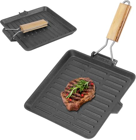 COZHEYSS Poêle à Steak/Gril en Fonte avec Poignée en Bois Pliable, 24 x 24 cm, Compatible Induction, Forme Carrée, Facile à Nettoyer, Convient à Tous les Feux, y Compris l'induction.