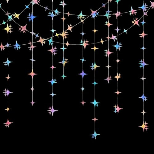 G2PLUS 12m Ghirlanda di Stelle Glitterate:Ghirlanda Olografica di Cara 4 Pezzi,Iridescente Stelle Carta da Appendere per Feste di Compleanno,Matrimoni,Decorazioni Fai da Te e Anniversari