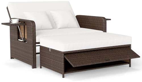 COSTWAY Polyrattan Sonnenliege, Gartenliege mit Verstellbarer Rückenlehne | Doppelliege 2 Personen mit Kissen & Seitenablagen, Balkonmöbel Kleiner Balkon, Gartensofa mit Liegefunktion, Loungebett
