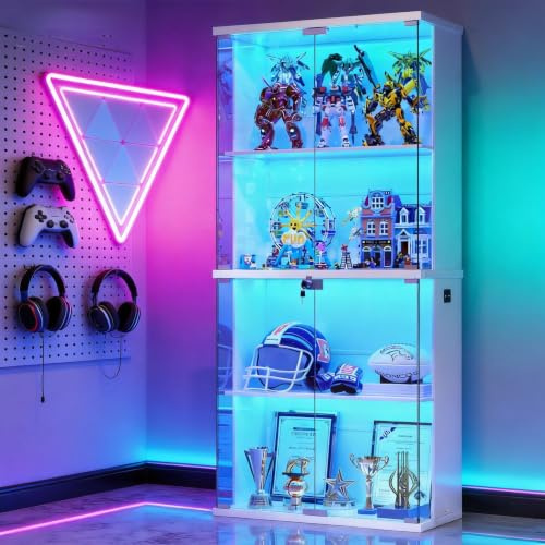 Gurexl Display Cabinets with Lockable and Glass Door for Collectibles,White | 4 Tiers Curio Storage Cabinet with 3 Color Lights,Bookse Cabinet with Human Body Sensor for Office,Living Room,Bedroom,Study