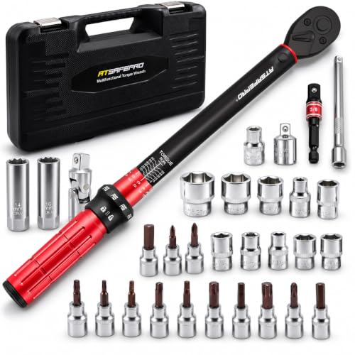 ATsafepro Llave Dinamométrica 3/8, 5-60 Nm, Juego 31 Piezas, ±3% | Trinquete 72 dientes, 11 vasos, vasos bujía, puntas Torx/Hex/Planas, adaptadores, extensión y maletín