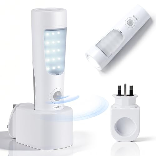 Plug in Motion Sensor Night Light 1 Pack, 4-in-1 Emergency Light with Rechargeable Base, Bright Power Failure Light, Portable Emergency Torch, Plug in Night Light for Hallway Stairs Nursery Bedroom