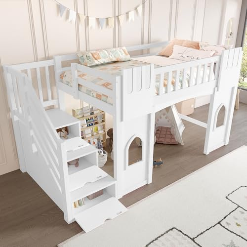 Xwiny Kinderbett 90x200 cm mit Stauraumtreppe und Fenster, Hochbett mit Durchgehende Leitplanke, Stauraumbett, Holzrahmen, Weiß(Ohne Matratze)