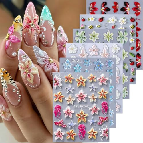 VelvetGlow Adesivi per Unghie Fiori, 6 Pezzi, Adesivi 5D in Rilievo Ibisco per Nail Art, Design di Gigli, Ibisco e Stella Marina, Decorazione Unghie Fiori Tropicali Estivi per Donne