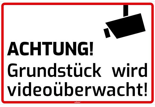 Aufklebo Achtung Grundstück Wird videoüberwacht Schild Hinweisschild Weiß 300x200x3mm Hartschaumplatte Kameraüberwachung Videoüberwachung Schild Hinweisschild Warnschild Achtung