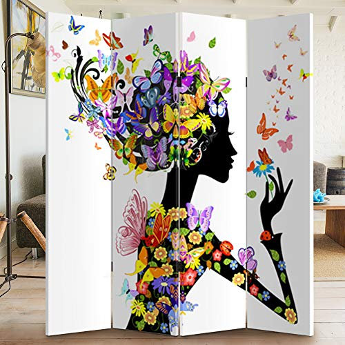 Bakaji Paravento Separè 4 Pannelli Struttura in Legno Rivestimento in Tela Con Stampa Fronte Retro Sagoma Donna con Fiori Divisorio Richiudibile Pieghevole 180 x 160 cm