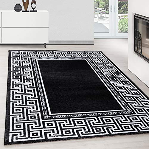 Teppium Moderner Kurzflor Teppich Läufer Flur 80 x 150 cm Schwarz - Teppich Waschbar, Mäander-Design, Pflegeleicht und Weich - Ideal als Bettvorleger im Schlafzimmer und Küchenläufer