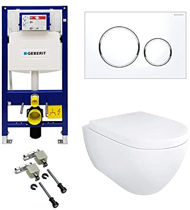 WC suspendu sans bord avec lunette amovible en forme de D avec fermeture Softclose avec GEBERIT Duofix UP320 Réservoir de chasse d'eau et Geberit Duofix Kit de montage et plaque de commande SIGMA20