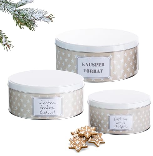 Brandsseller Juego de 3 latas para galletas de metal – redondas, apilables y con tapa – aptas para alimentos, ideales para guardar dulces, galletas y pastas navideñas – diseño estrellas gris