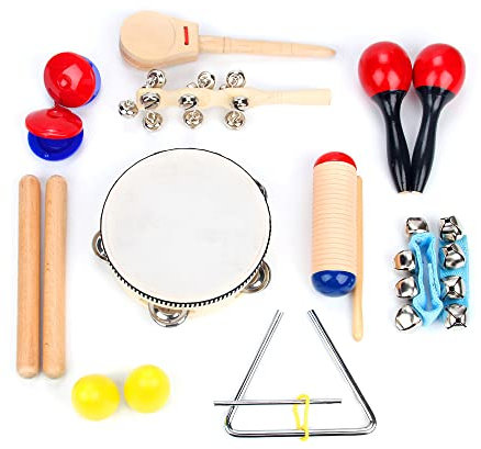 Boxiki Kids Musikinstrumente Set 16 Stück. Rhythmus und Musikspielzeug für Kleinkinder von 1 bis 3 Jahren. Enthält klanghölzer, Shaker, Tamburin, Handgelenkglocken & Maracas für Kinder.