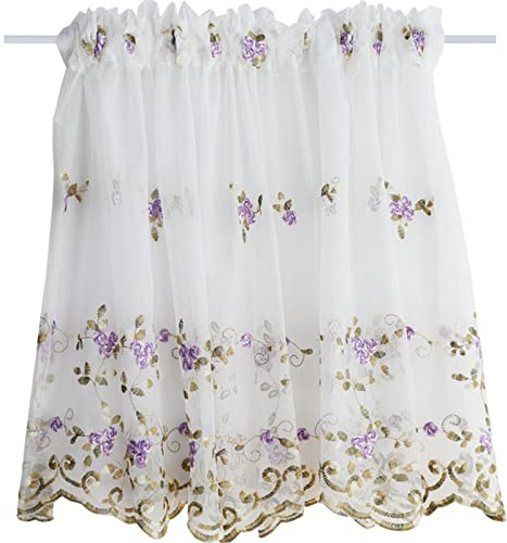 A.Monamour Gardine Scheibengardinen Kurzstores Vintage Lila Blumenstickerei Weißer Transparenter Voile Kurzvorhang Kurzgardinen Fensterbehandlung Küche Vorhang Fenster Kurz Stores Bistrogardine