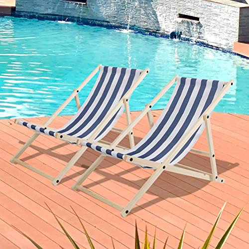 Cecaylie Liegestuhl Klappbar Holz, Relaxsessel Garten, Strandstuhl bis zu 120 kg, Sonnenliege mit 3-stufiger Neigungsregulierung der Rückenlehne, Abnehmbar Sonnenstuhl (Blaue und weiße Streifen, 2er)
