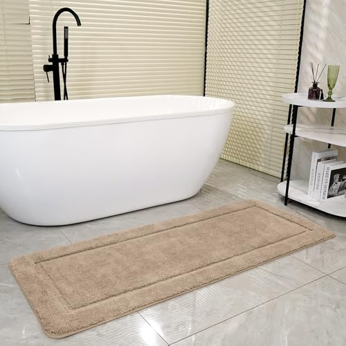 SOANNY Badrumsmatta 60x150 cm, enskild, hög lugg mikrofiber, halkfri och tvättbar, extra stor absorberande duschmatta, perfekt för badrum & WC-matta, Beige