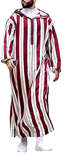 DOTBUY-SHOP Hombres Musulmán Robes con Capucha Raya, Manga Larga Thobe Arabia Saudita Tradicionales Trajes Bata Ropa Etnica para Islámico Medio Oriente Turkish